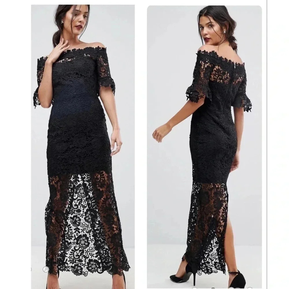 Paper Dolls London Black Off The Shoulder Frill Sleeve Crochet Lace Maxi Dress